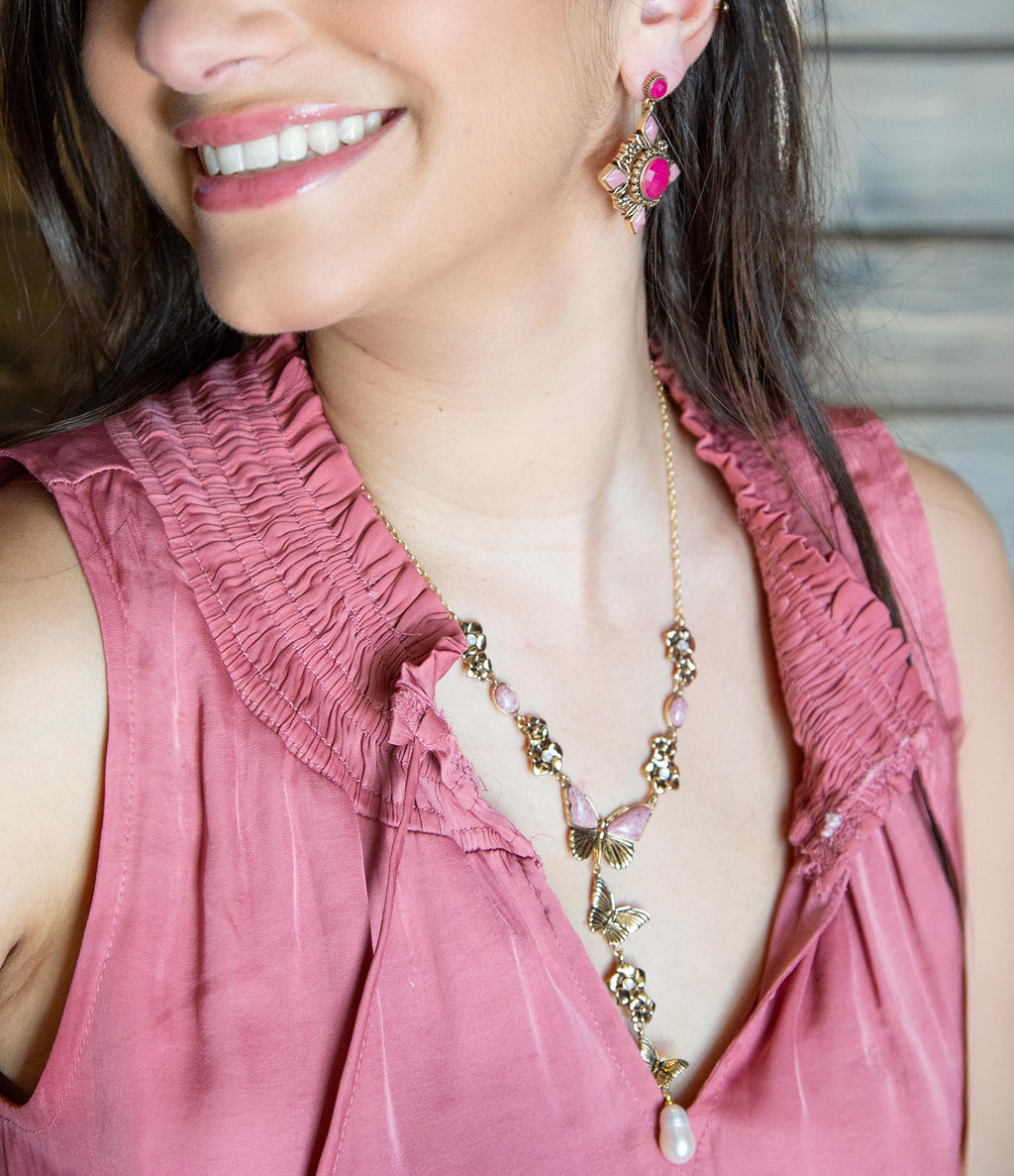 Pink Rhodonite and White Pearl Golden Butterflies Y Necklace Necklaces La Vie Bien Pink Rhodonite and White Pearl Golden Butterflies Y Necklace