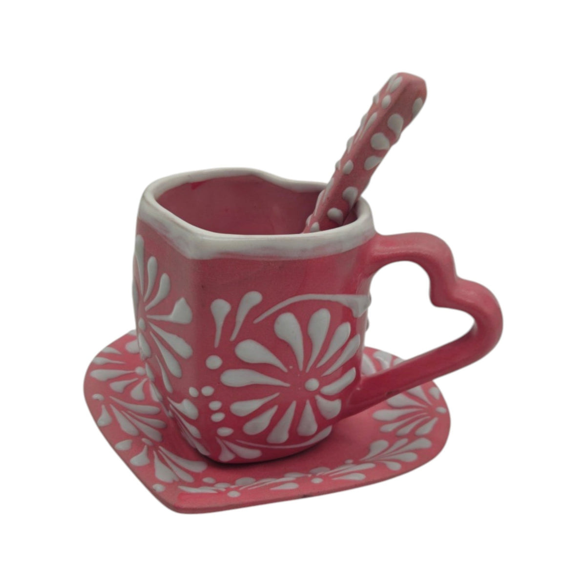 Pink Talavera Heart Mug Set | Plate, Spoon & Floral Design Talavera Mug La Vie Bien Pink Talavera Heart Mug Set | Plate, Spoon & Floral Design
