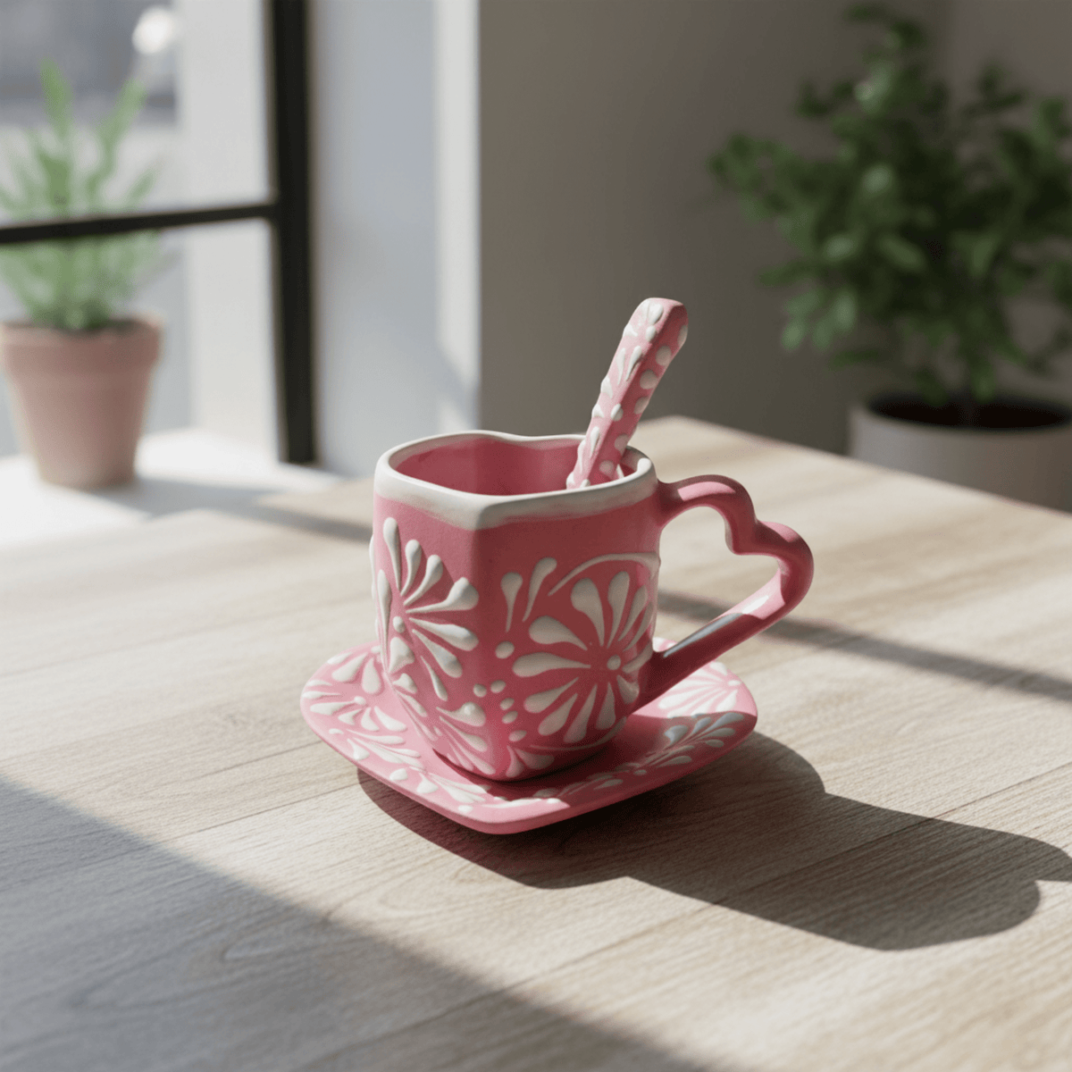 Pink Talavera Heart Mug Set | Plate, Spoon & Floral Design Talavera Mug La Vie Bien Pink Talavera Heart Mug Set | Plate, Spoon & Floral Design