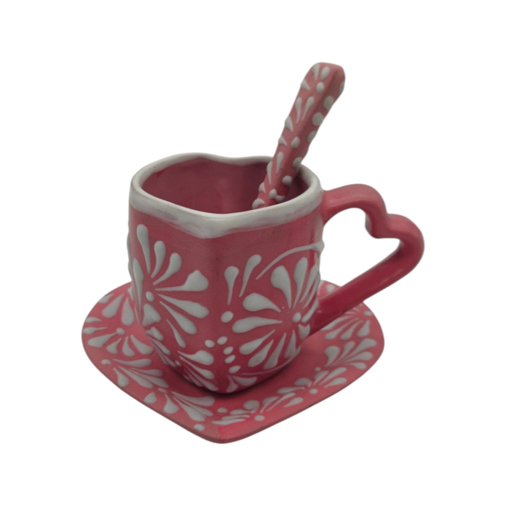 Pink Talavera Heart Mug Set | Plate, Spoon & Floral Design Talavera Mug La Vie Bien Pink Talavera Heart Mug Set | Plate, Spoon & Floral Design