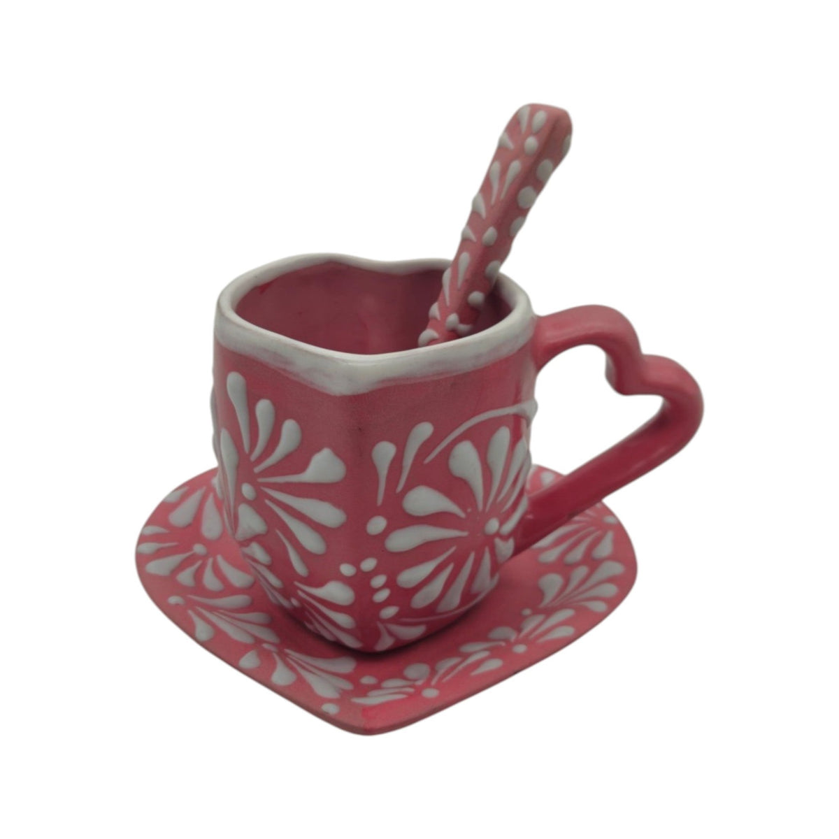 Pink Talavera Heart Mug Set | Plate, Spoon & Floral Design Talavera Mug La Vie Bien Pink Talavera Heart Mug Set | Plate, Spoon & Floral Design
