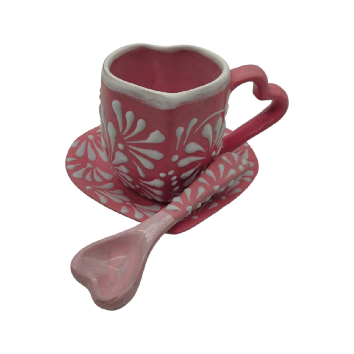 Pink Talavera Heart Mug Set | Plate, Spoon & Floral Design Talavera Mug La Vie Bien Pink Talavera Heart Mug Set | Plate, Spoon & Floral Design