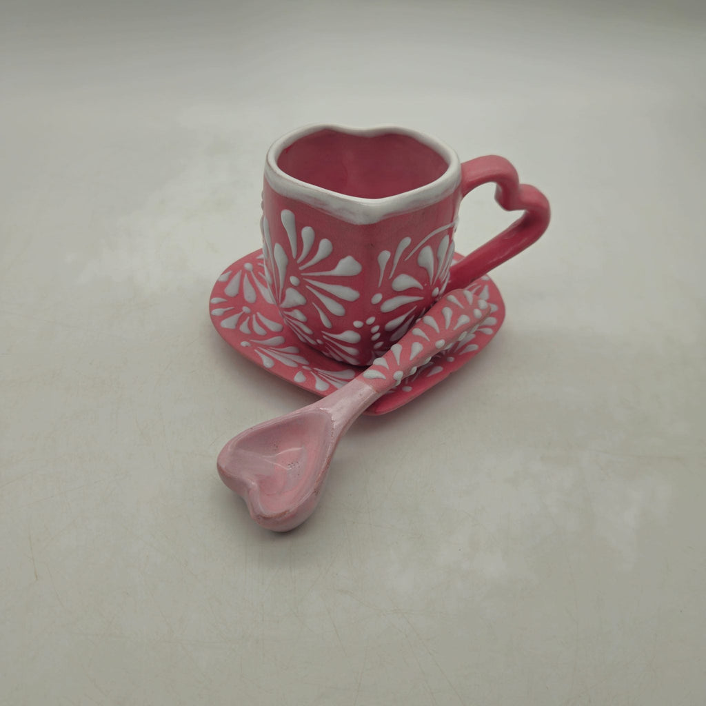 Pink Talavera Heart Mug Set | Plate, Spoon & Floral Design