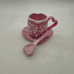 Pink Talavera Heart Mug Set | Plate, Spoon & Floral Design