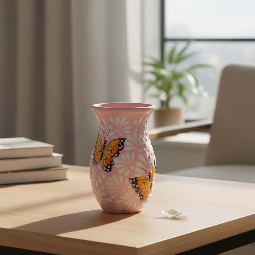 Pink & White Talavera Vase | Monarch Butterfly Motif Talavera Planter La Vie Bien Pink & White Talavera Vase | Monarch Butterfly Motif
