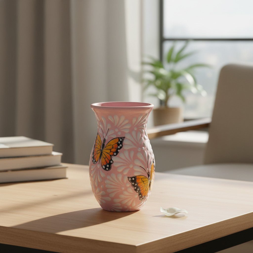 Pink & White Talavera Vase | Monarch Butterfly Motif Talavera Planter La Vie Bien Pink & White Talavera Vase | Monarch Butterfly Motif