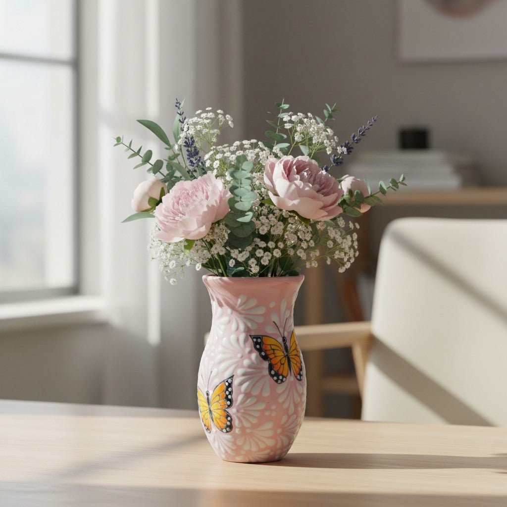 Pink & White Talavera Vase | Monarch Butterfly Motif Talavera Planter La Vie Bien Pink & White Talavera Vase | Monarch Butterfly Motif