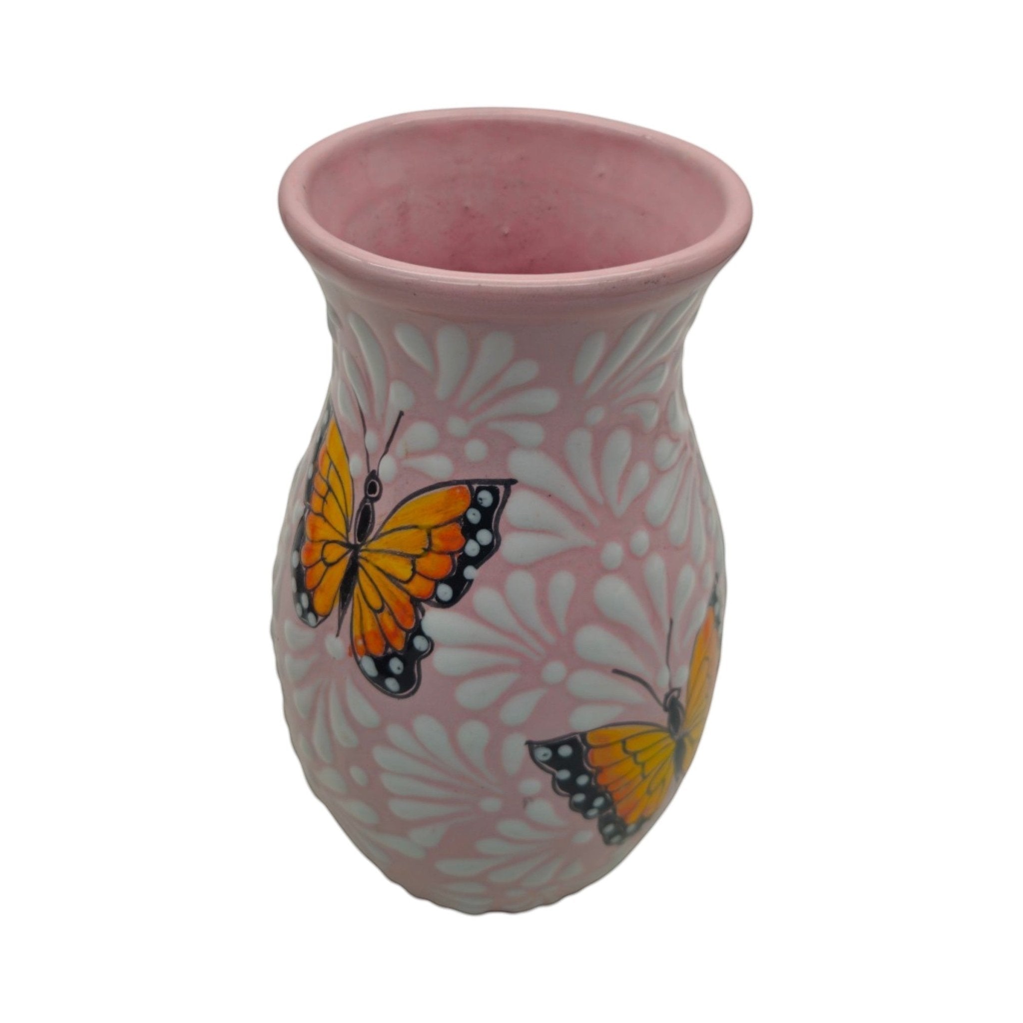 Pink & White Talavera Vase | Monarch Butterfly Motif Talavera Planter La Vie Bien Pink & White Talavera Vase | Monarch Butterfly Motif