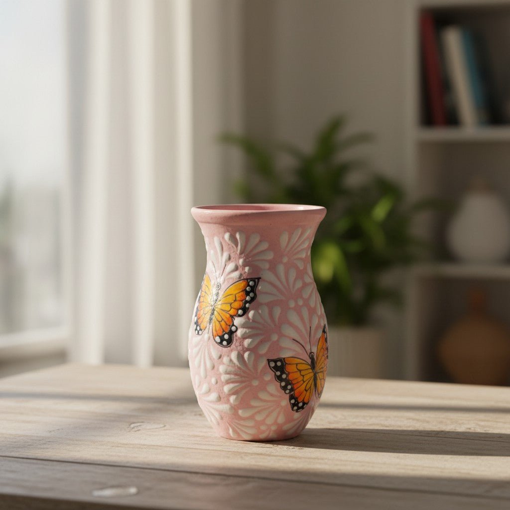 Pink & White Talavera Vase | Monarch Butterfly Motif Talavera Planter La Vie Bien Pink & White Talavera Vase | Monarch Butterfly Motif