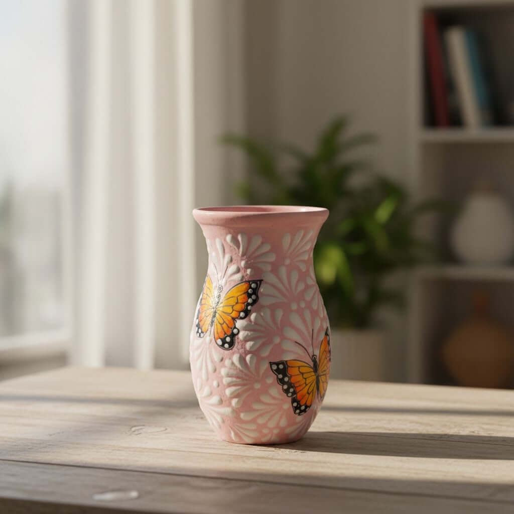 Pink & White Talavera Vase | Monarch Butterfly Motif Talavera Planter La Vie Bien Pink & White Talavera Vase | Monarch Butterfly Motif