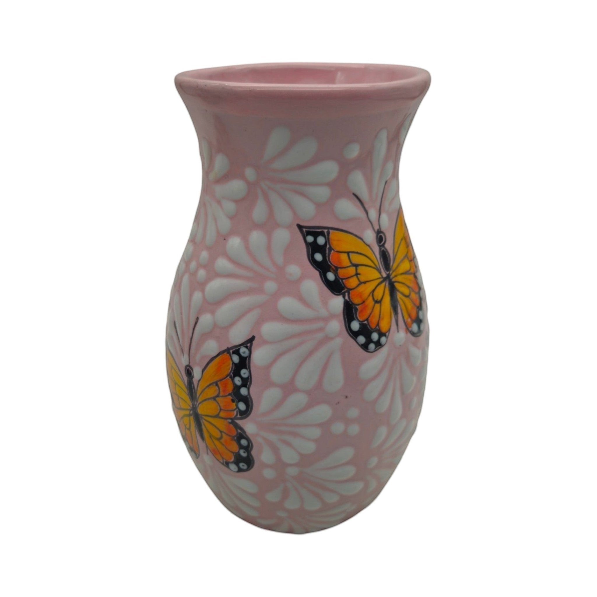 Pink & White Talavera Vase | Monarch Butterfly Motif Talavera Planter La Vie Bien Pink & White Talavera Vase | Monarch Butterfly Motif