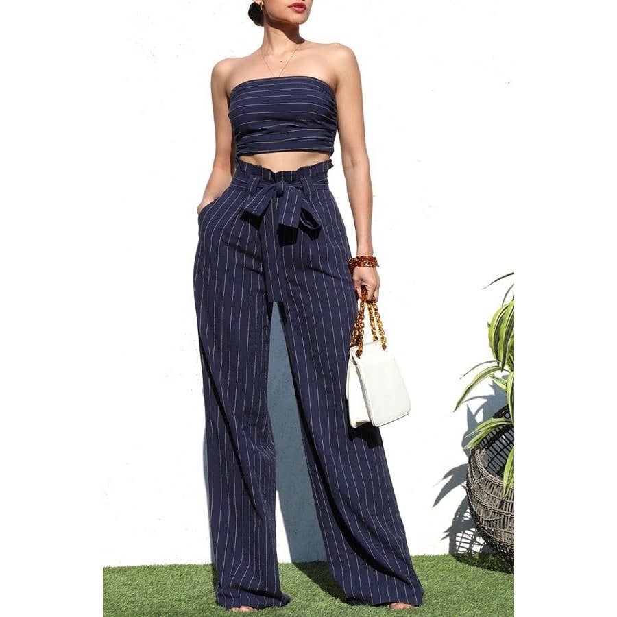 Pinstripe Smocked Top and Pants Set Ensemble in Navy [Sizes M - L]