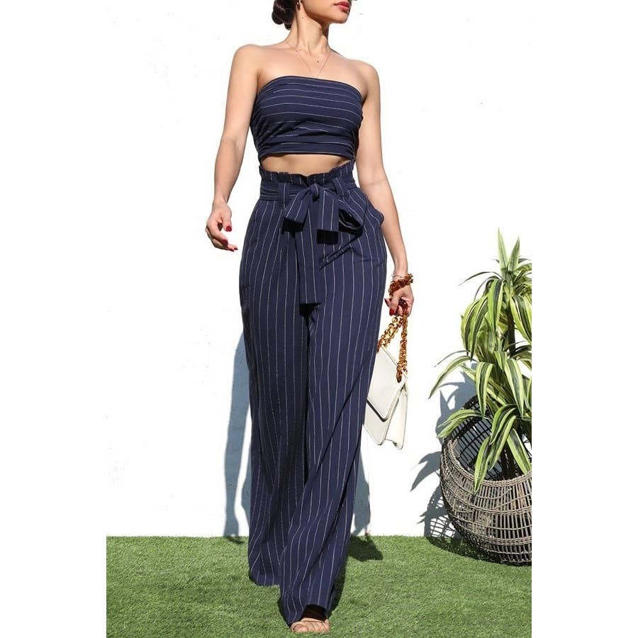 Pinstripe Smocked Top and Pants Set Ensemble in Navy [Sizes M - L]