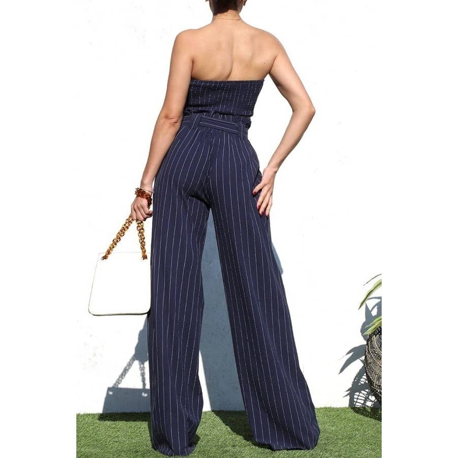 Pinstripe Smocked Top and Pants Set Ensemble in Navy [Sizes M - L]