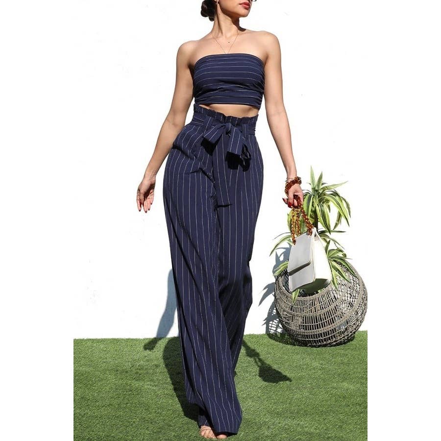 Pinstripe Smocked Top and Pants Set Ensemble in Navy [Sizes M - L]