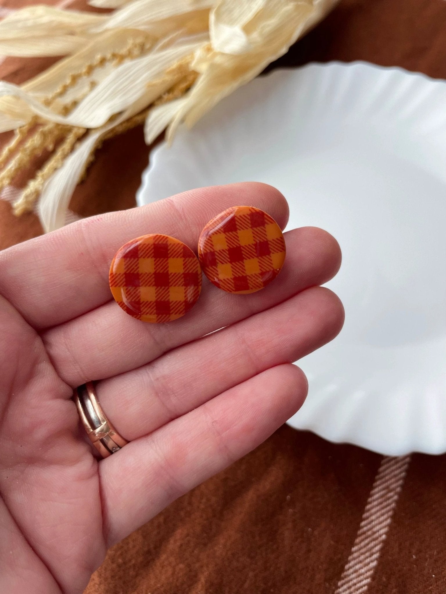 Plaid Nickel Stud earrings, 14k gold plated, handmade with polymer clay, Nickel free