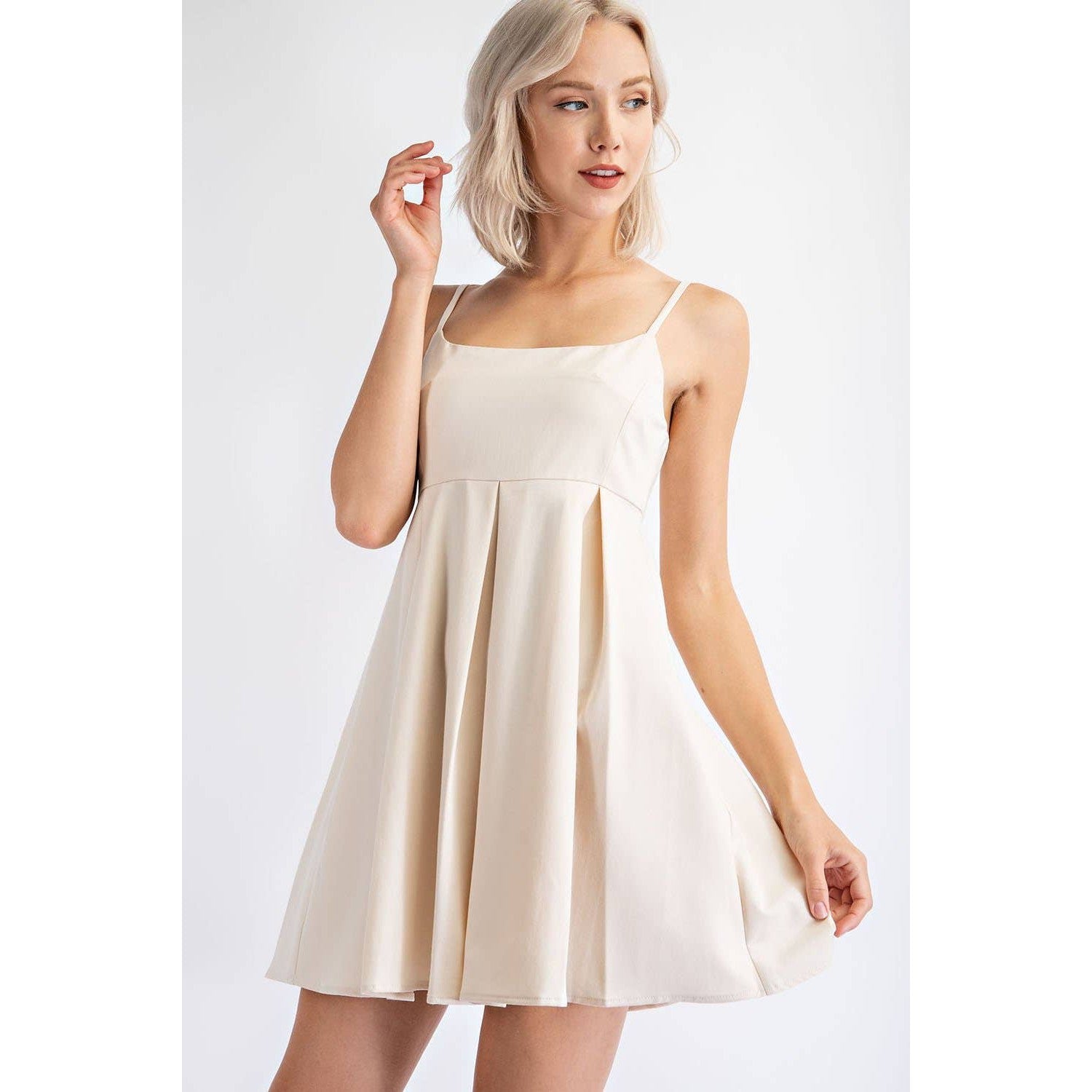 Pleated Cotton Twill Empire Waist Mini Dress in Cream | Babydoll Cocktail Dress [Sizes SM - L]