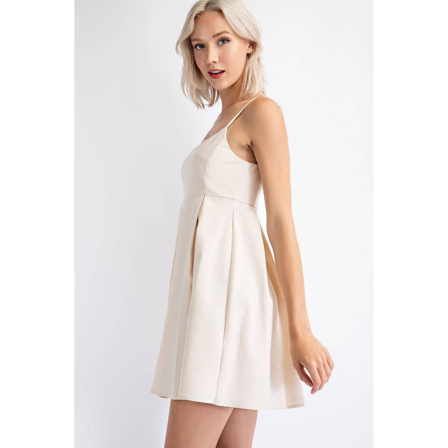 Pleated Cotton Twill Empire Waist Mini Dress in Cream | Babydoll Cocktail Dress [Sizes SM - L]
