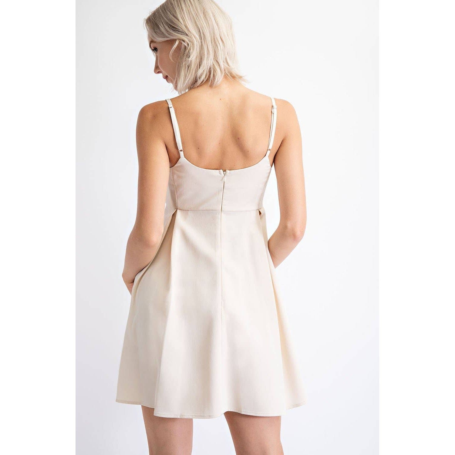 Pleated Cotton Twill Empire Waist Mini Dress in Cream | Babydoll Cocktail Dress [Sizes SM - L]