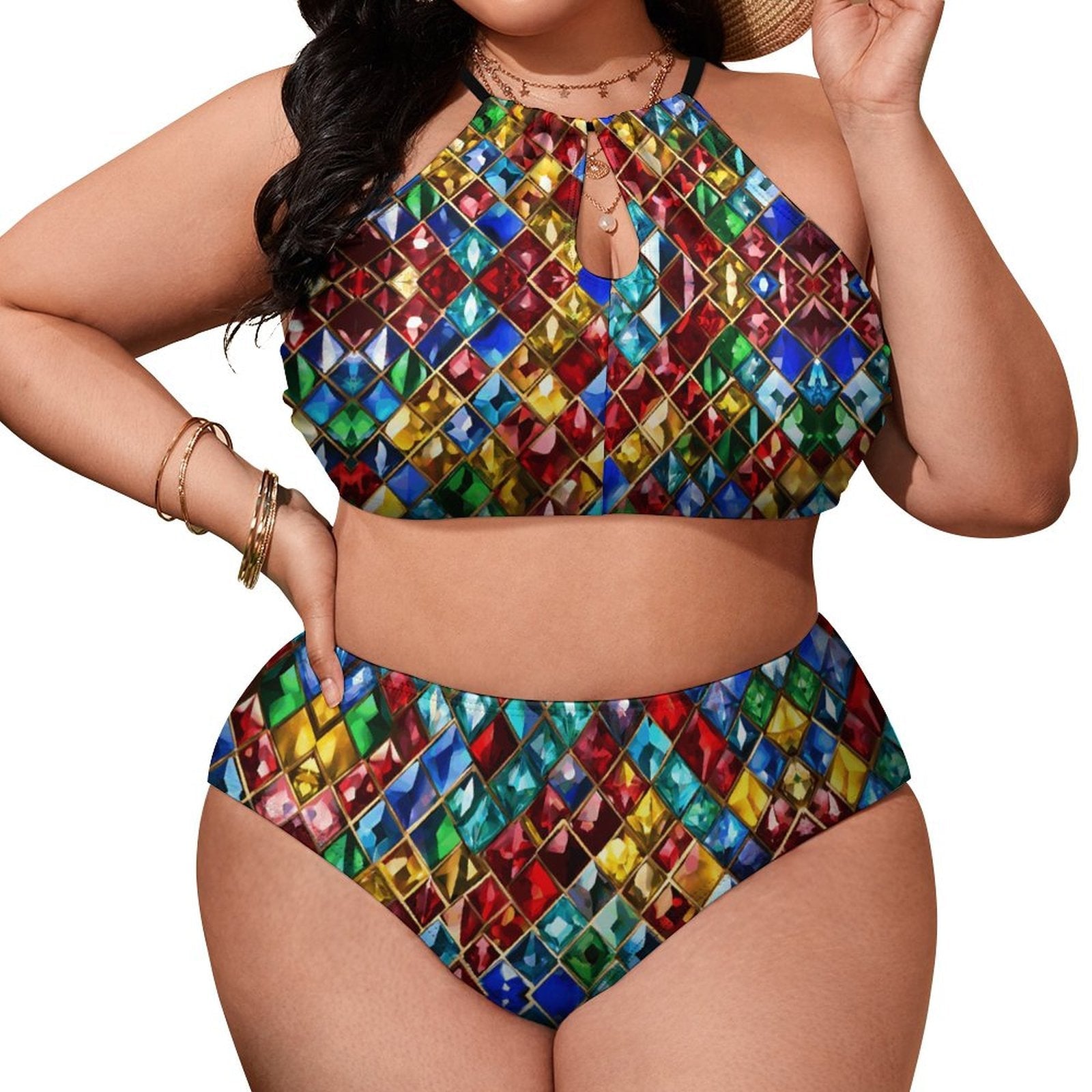 Plus Size Jewel Pattern Halter Bikini – Adjustable Two Piece Swimsuit