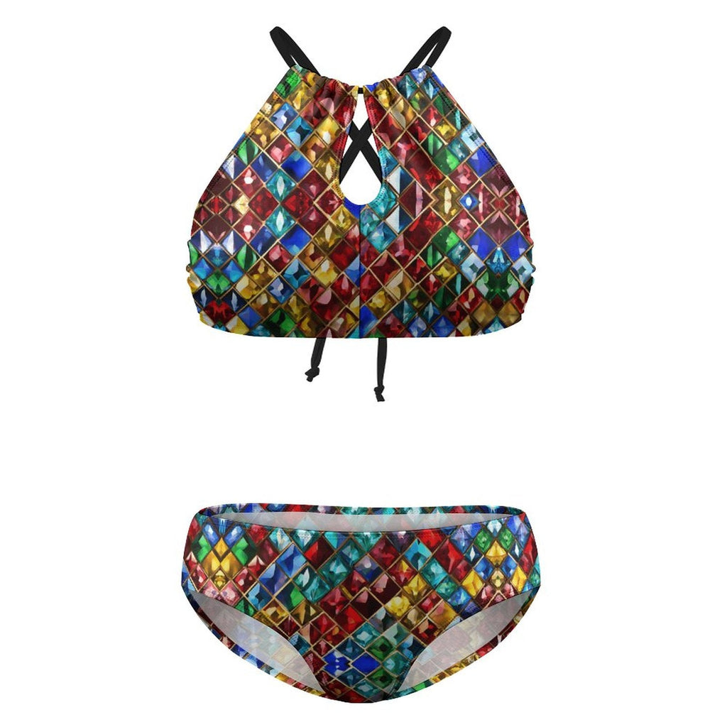 Plus Size Jewel Pattern Halter Bikini – Adjustable Two Piece Swimsuit