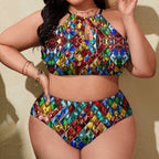 Plus Size Jewel Pattern Halter Bikini – Adjustable Two Piece Swimsuit by SALE-Personal Design
