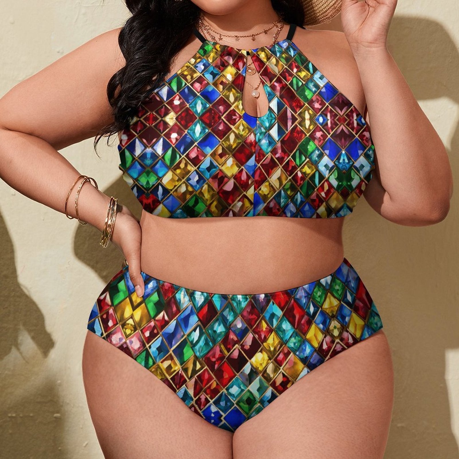 Plus Size Jewel Pattern Halter Bikini – Adjustable Two Piece Swimsuit
