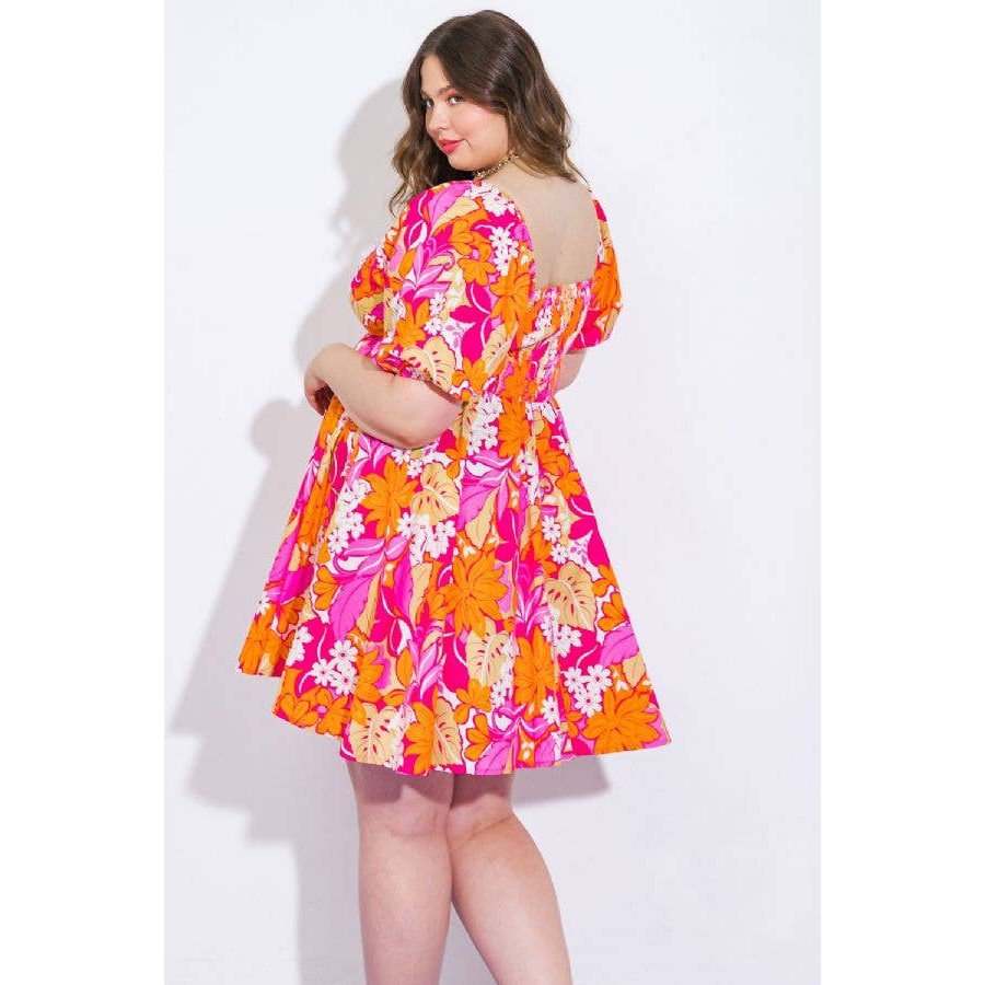 Plus Size Orange and Pink Floral Printed Woven Mini Dress [Size Options 2X - 3X]