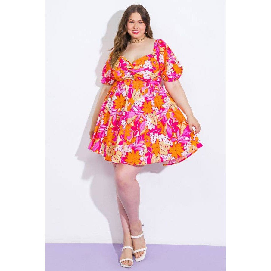 Plus Size Orange and Pink Floral Printed Woven Mini Dress [Size Options 2X - 3X]