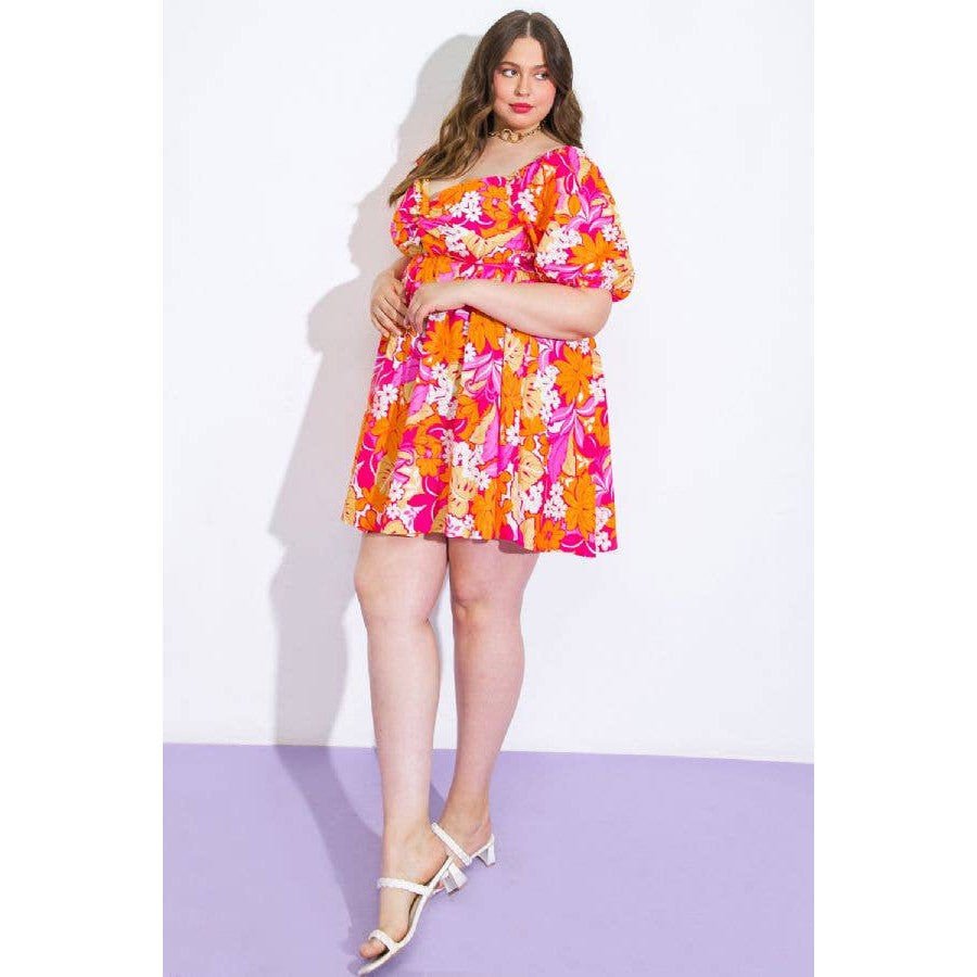 Plus Size Orange and Pink Floral Printed Woven Mini Dress [Size Options 2X - 3X]