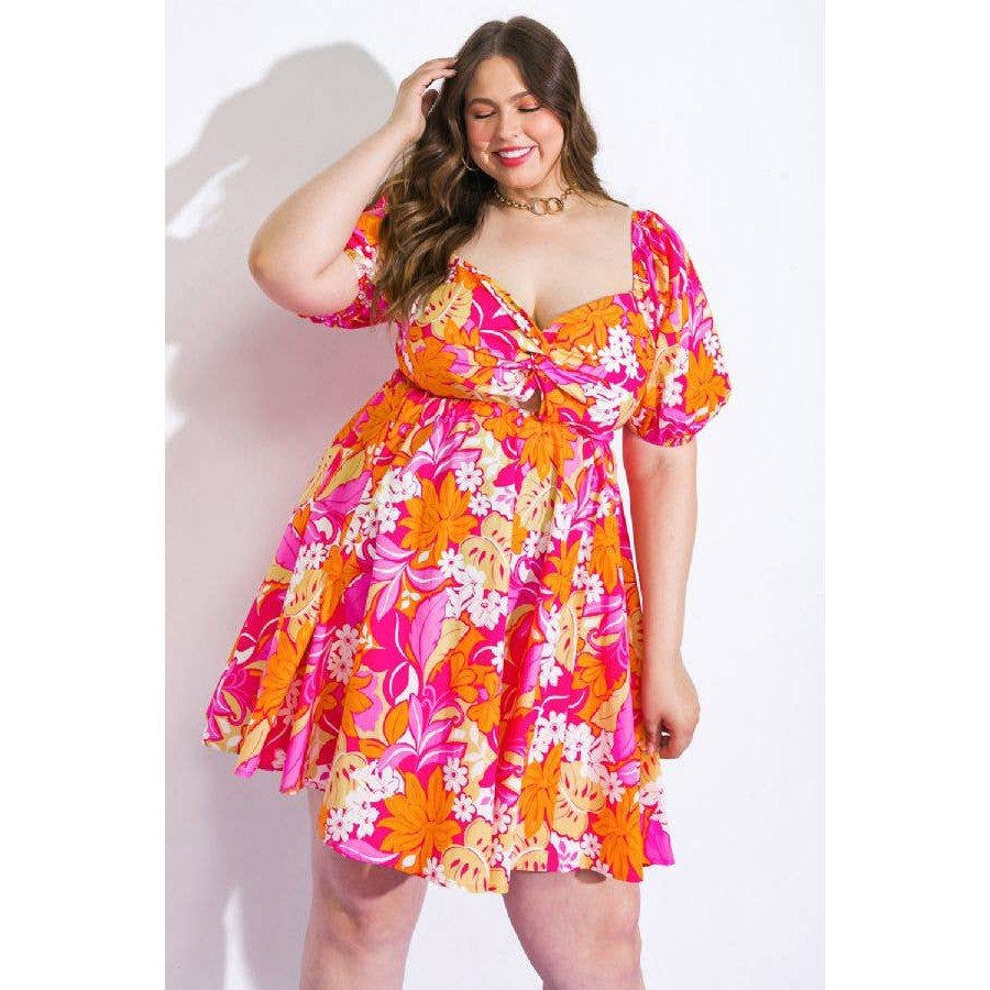 Plus Size Orange and Pink Floral Printed Woven Mini Dress [Size Options 2X - 3X]