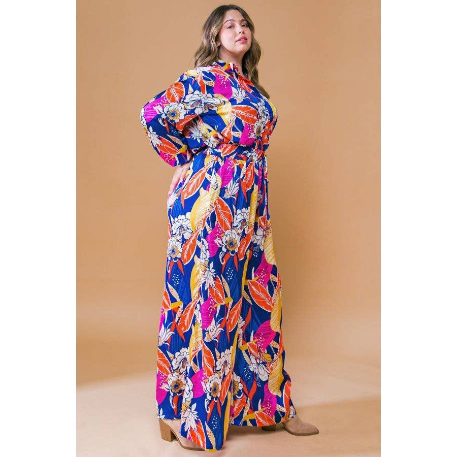 Plus Size Printed Woven Jumpsuit in Blue with Flowers And Leaf Designs | Long Sleeve Romper [Sizes 1X - 3X]