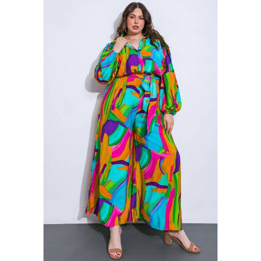 Plus Size Watercolor Printed Woven Jumpsuit | Green Pink Long Sleeve Overall Romper [Sizes 1X-3X] Apparel La Vie Bien Plus Size Watercolor Printed Woven Jumpsuit | Green Pink Long Sleeve Overall Romper [Sizes 1X-3X]