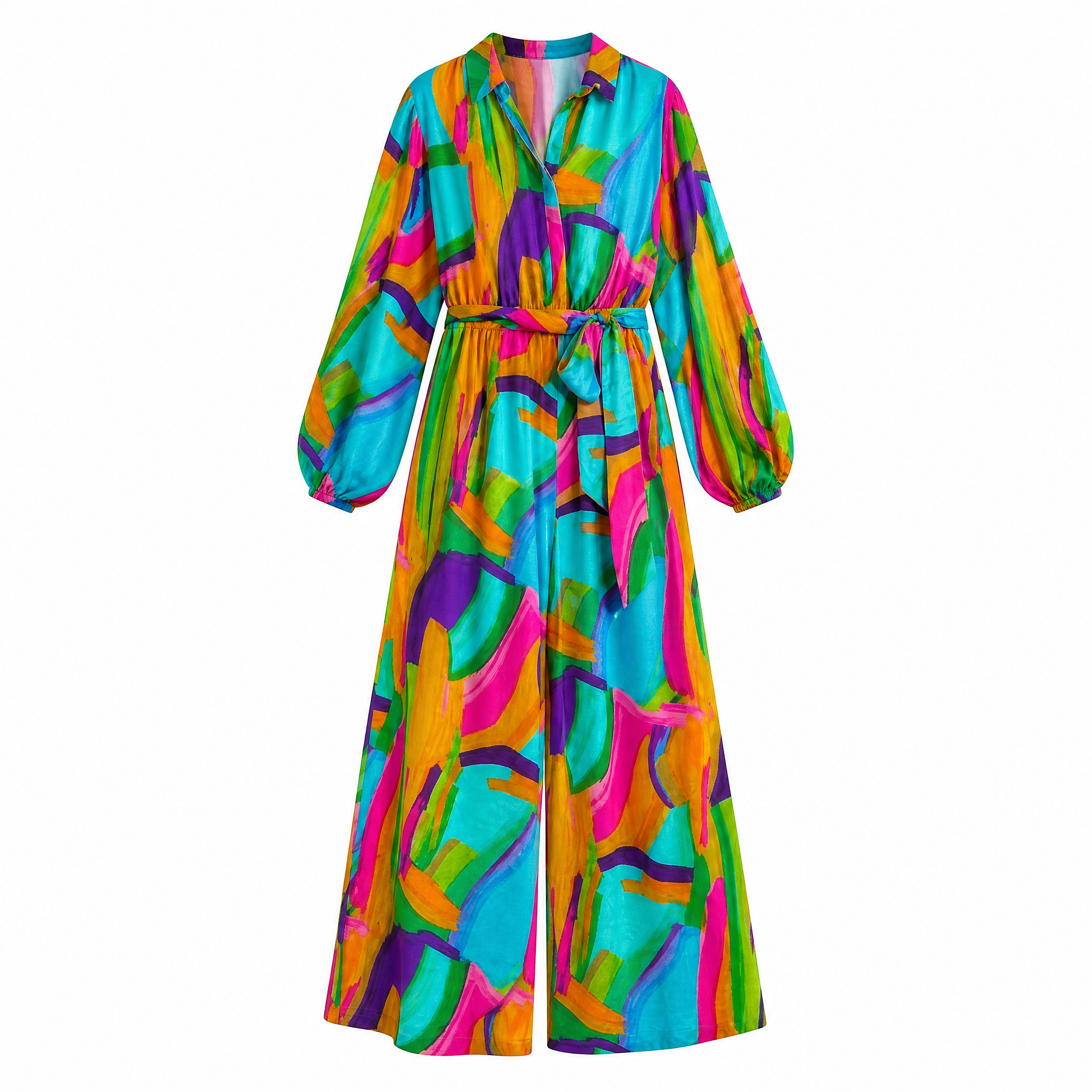 Plus Size Watercolor Printed Woven Jumpsuit | Green Pink Long Sleeve Overall Romper [Sizes 1X-3X] Apparel La Vie Bien Plus Size Watercolor Printed Woven Jumpsuit | Green Pink Long Sleeve Overall Romper [Sizes 1X-3X]