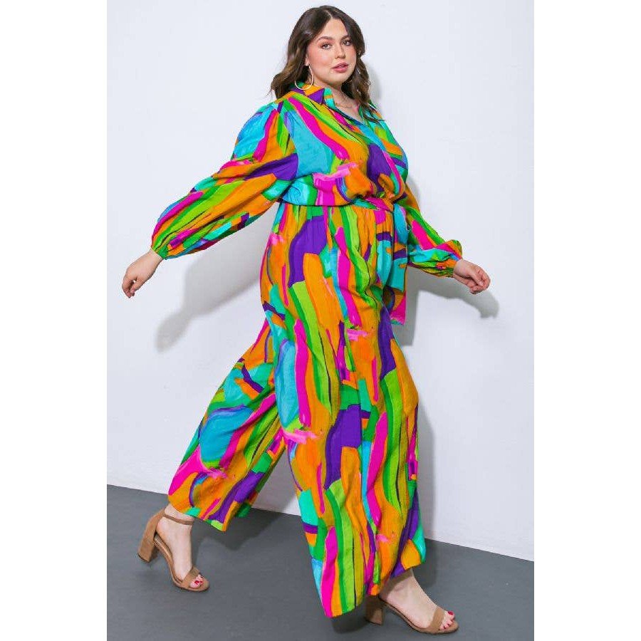 Plus Size Watercolor Printed Woven Jumpsuit | Green Pink Long Sleeve Overall Romper [Sizes 1X - 3X]