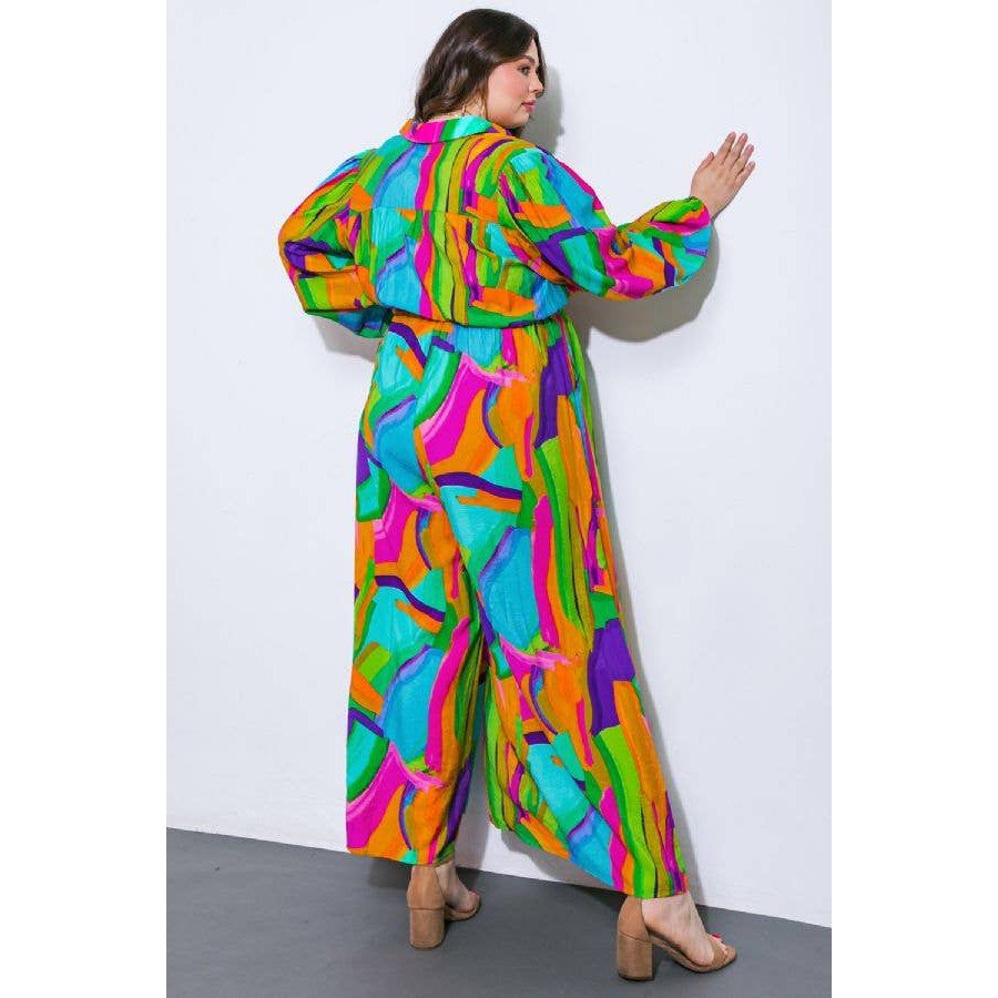 Plus Size Watercolor Printed Woven Jumpsuit | Green Pink Long Sleeve Overall Romper [Sizes 1X - 3X]