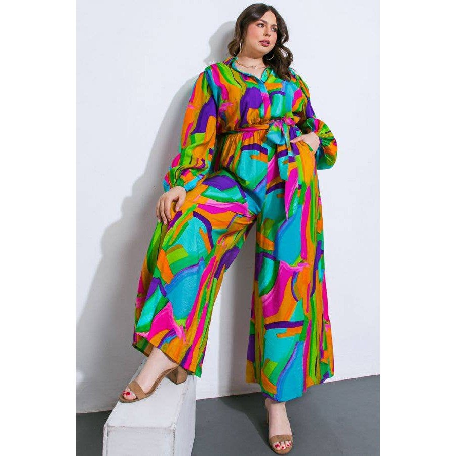 Plus Size Watercolor Printed Woven Jumpsuit | Green Pink Long Sleeve Overall Romper [Sizes 1X - 3X]