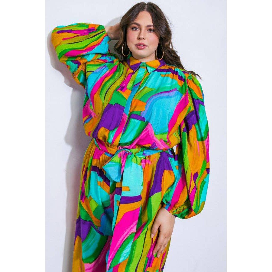 Plus Size Watercolor Printed Woven Jumpsuit | Green Pink Long Sleeve Overall Romper [Sizes 1X - 3X]