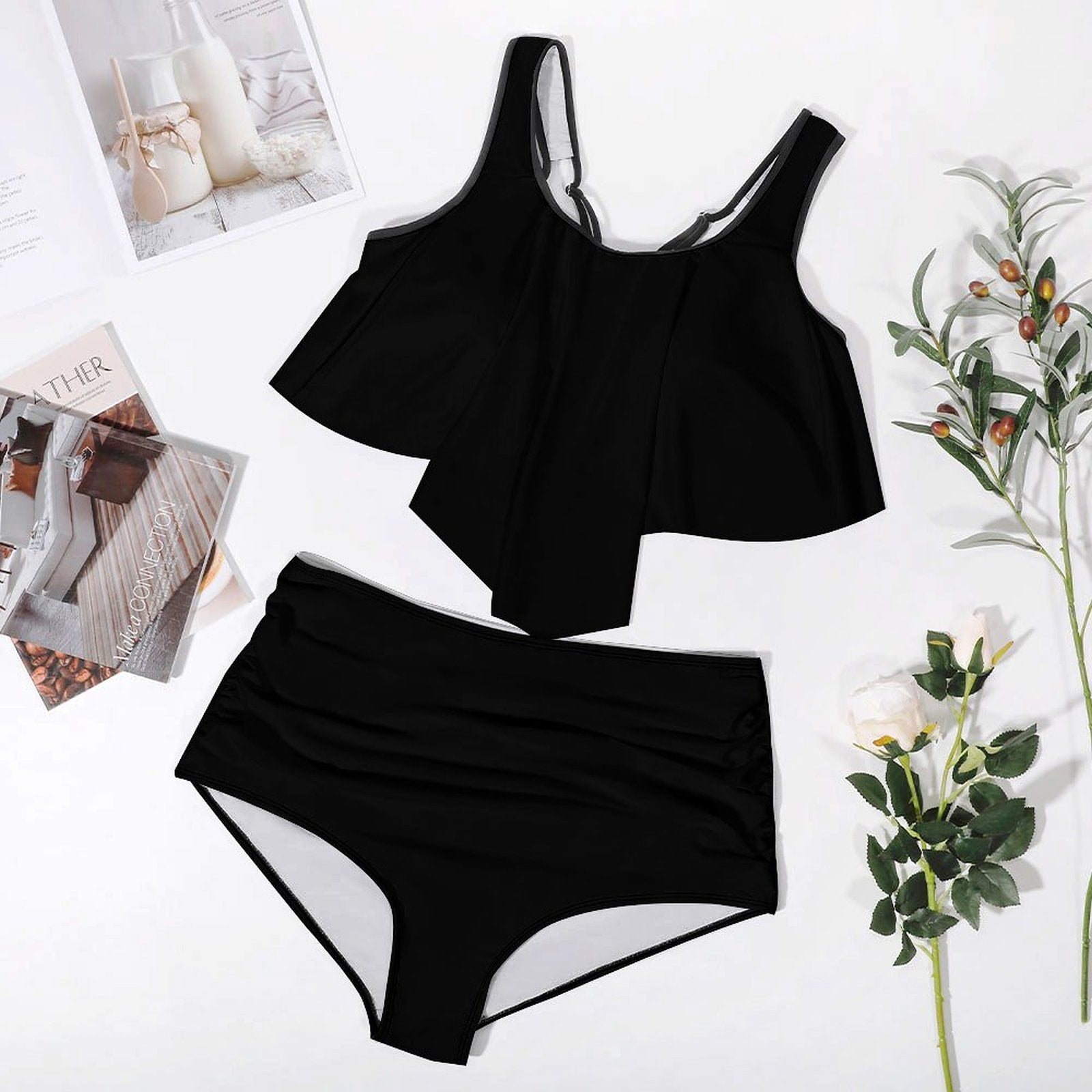 Plus Size Women's Two piece Swimsuit with Tankini - Black