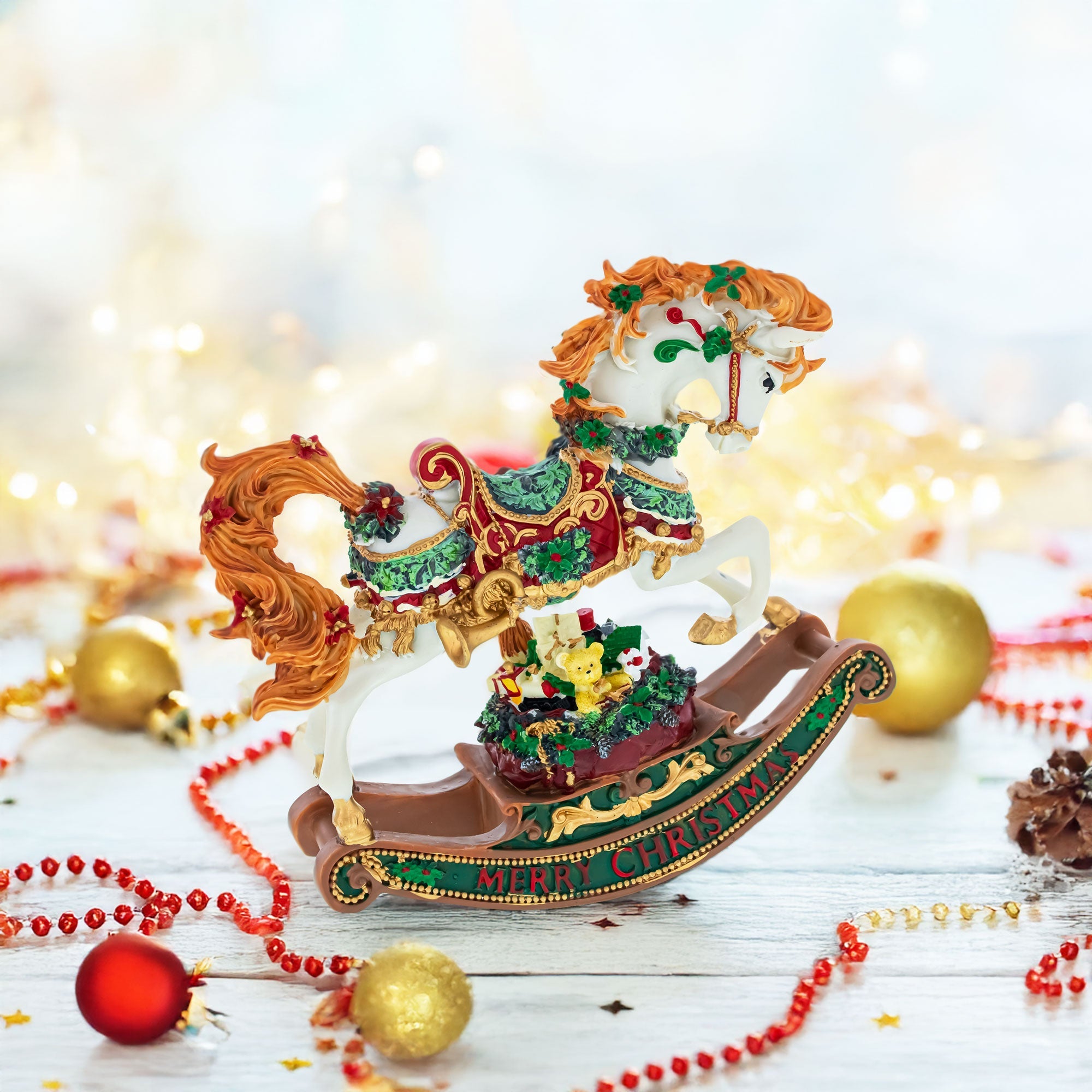 Christmas Horse Musical Figurine Resin Wind Up Holiday Decor 8 Inch