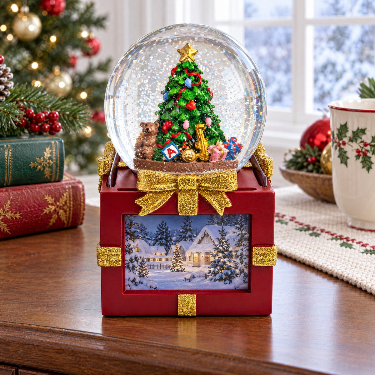 Four-Sided Picture Frame Christmas Tree Musical Water Snow Globe