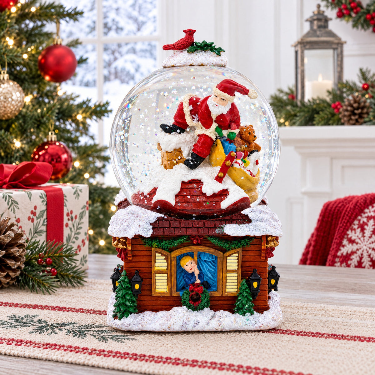 Santa with Christmas Gifts Chimney Journey Musical Water Snow Globe
