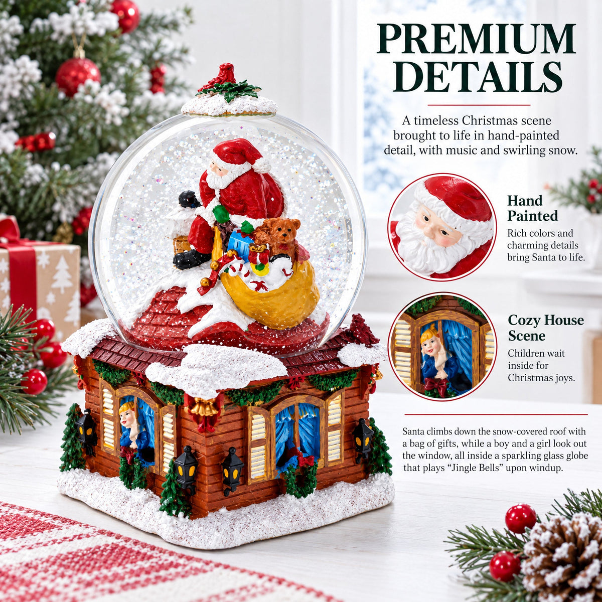 Santa with Christmas Gifts Chimney Journey Musical Water Snow Globe