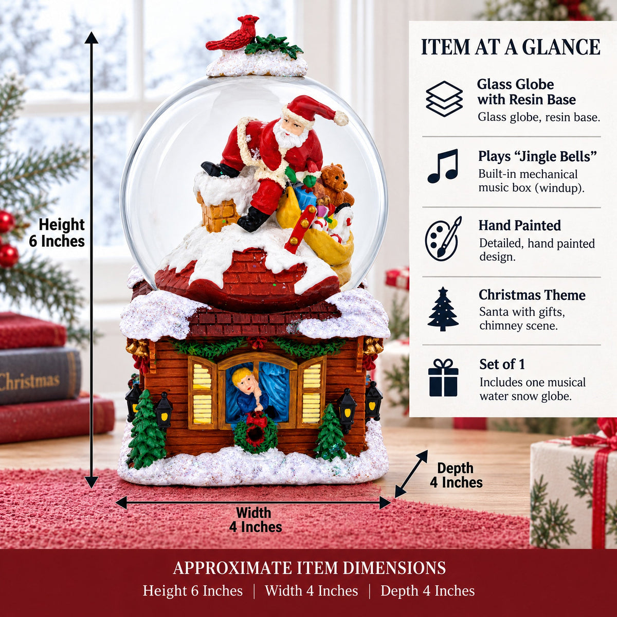 Santa with Christmas Gifts Chimney Journey Musical Water Snow Globe
