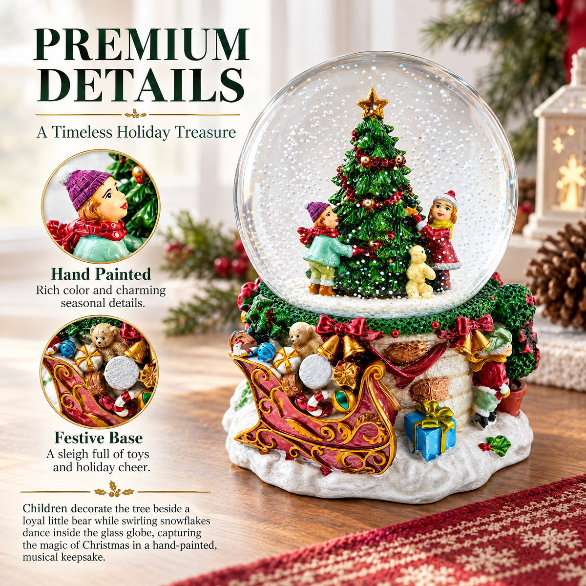 Joyful Children Adorning Christmas Tree: Musical Water Snow Globe