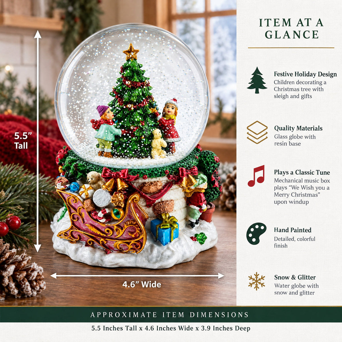 Joyful Children Adorning Christmas Tree: Musical Water Snow Globe