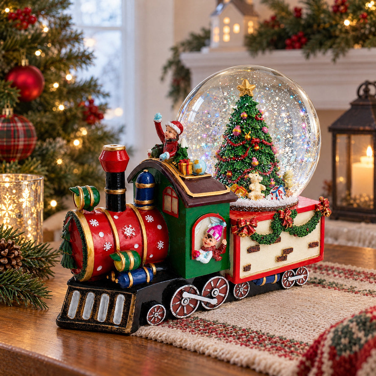 Children Riding Train Musical Christmas Water Snow Globe