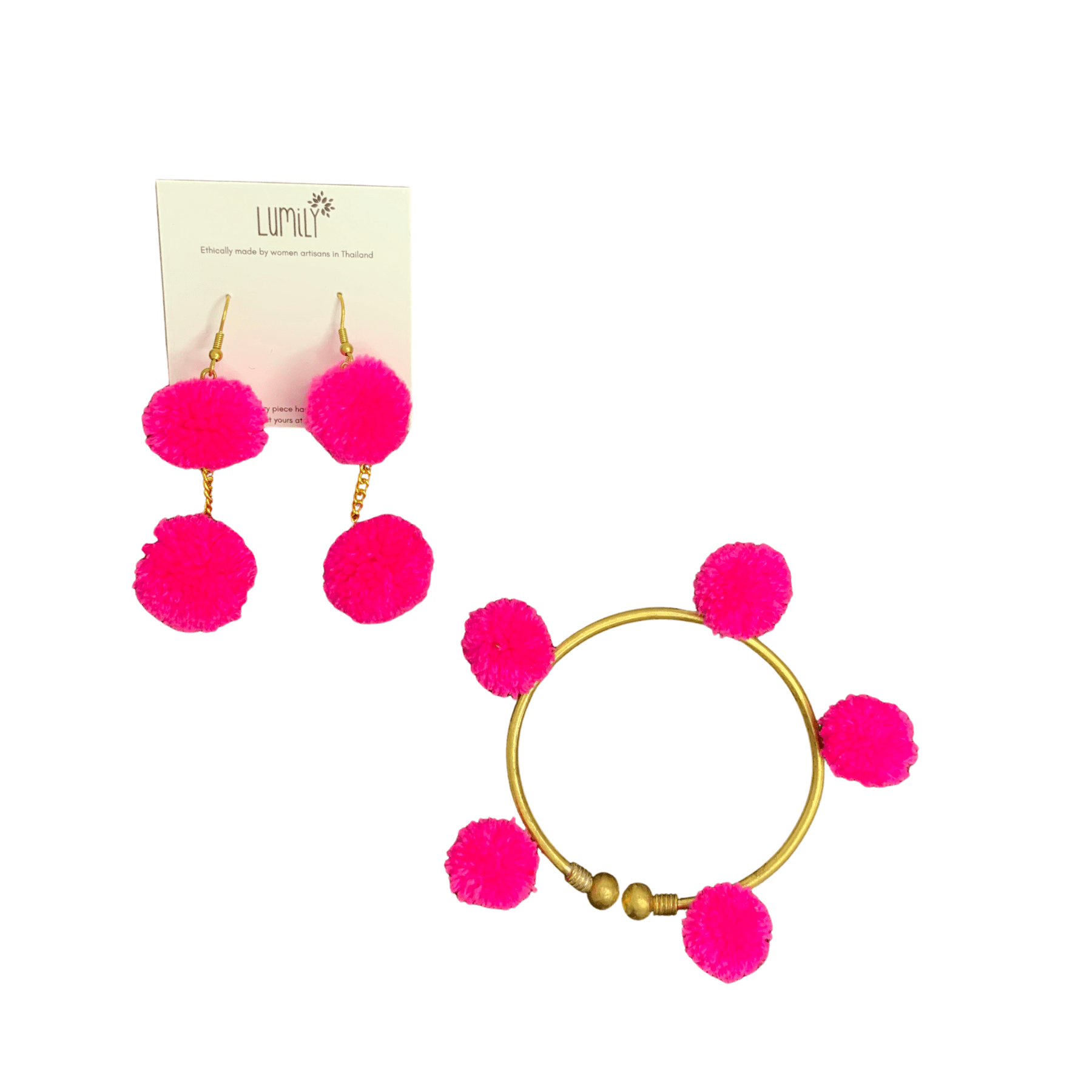 Pom Pom Brass Chain Earrings - Thailand Jewelry La Vie Bien Pom Pom Brass Chain Earrings - Thailand
