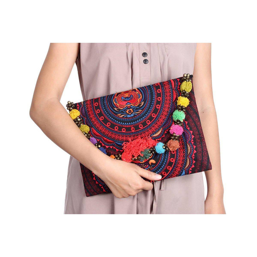 Pom Pom Embroidered Tribal Clutch | iPad Bag - Thailand Bags La Vie Bien Pom Pom Embroidered Tribal Clutch | iPad Bag - Thailand