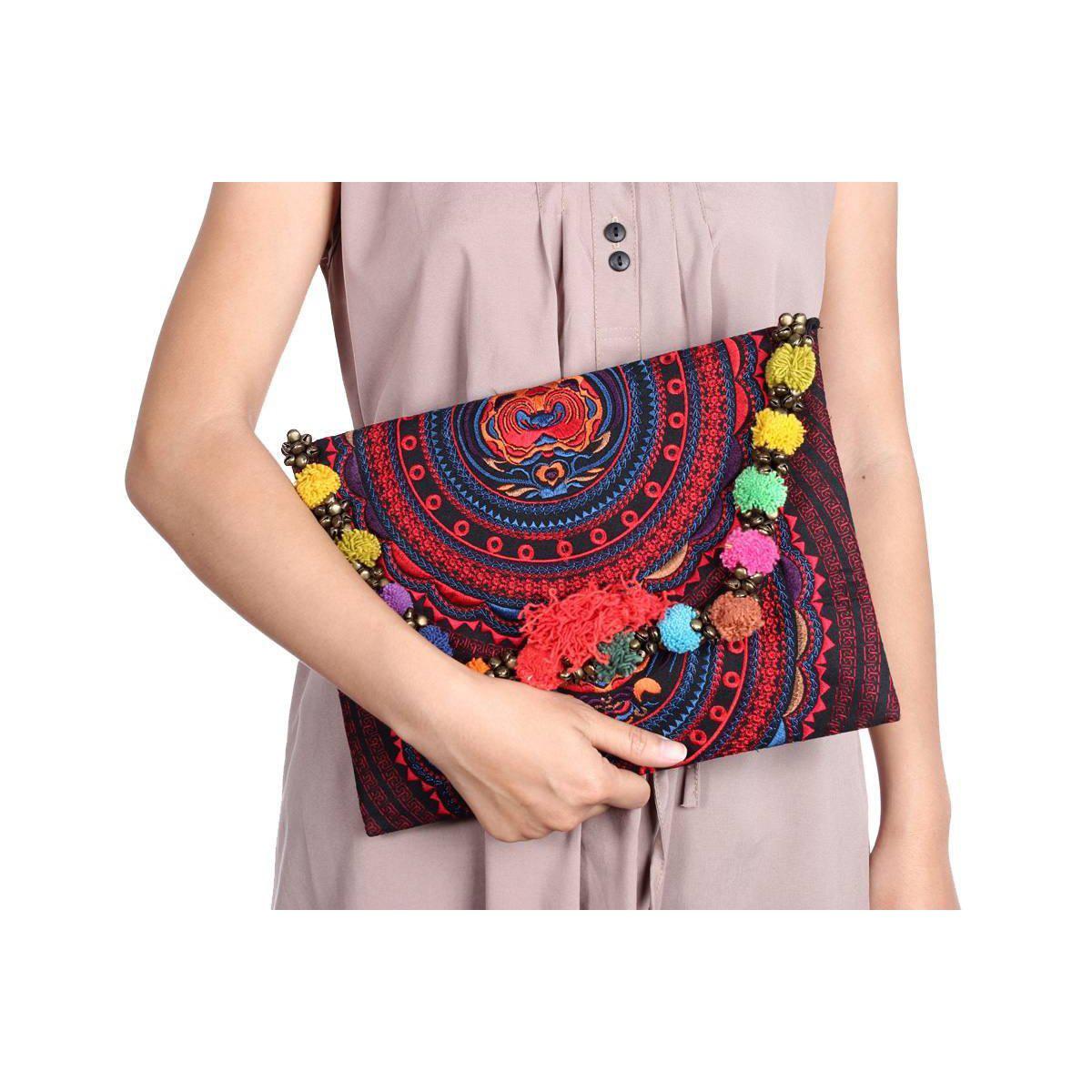 Pom Pom Embroidered Tribal Clutch | iPad Bag - Thailand Bags La Vie Bien Pom Pom Embroidered Tribal Clutch | iPad Bag - Thailand
